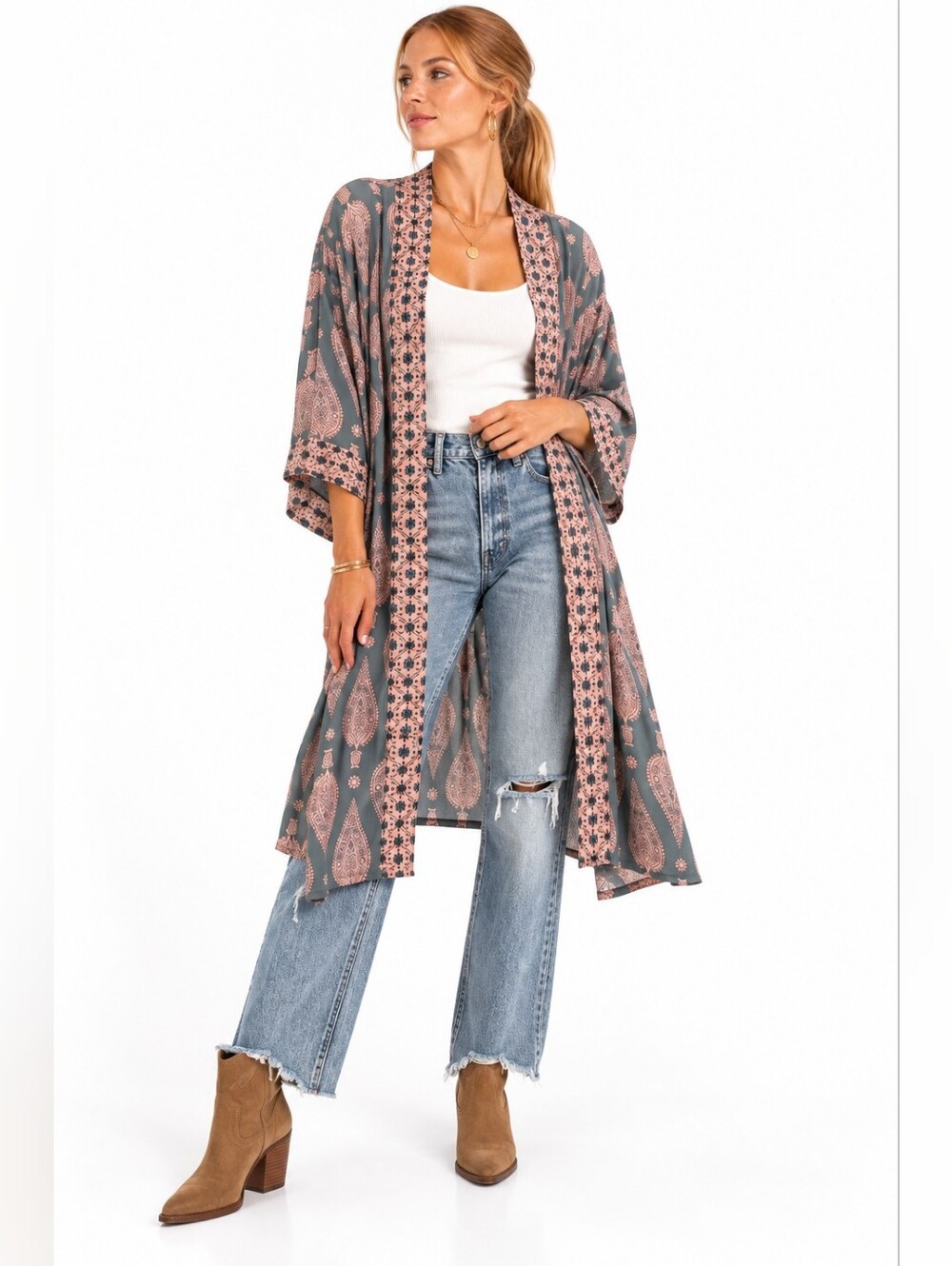 World Market Gray Pink Paisley Floral Kimono Duster Robe Free Size Boho